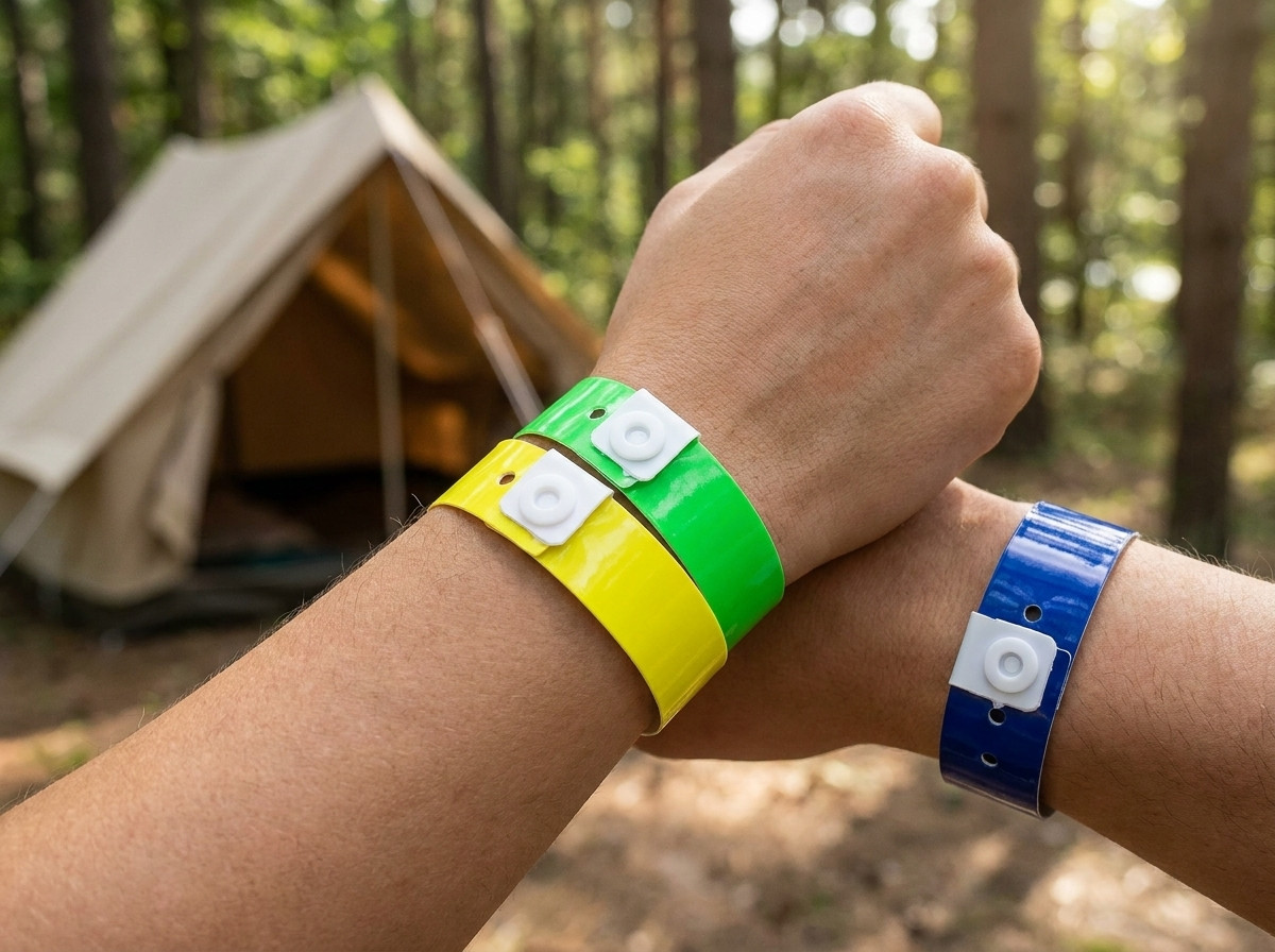 Barvne camping zapestnice iz Tyveka, ki jih nosijo taborniči pri vhodu v sončen zunanji bazen