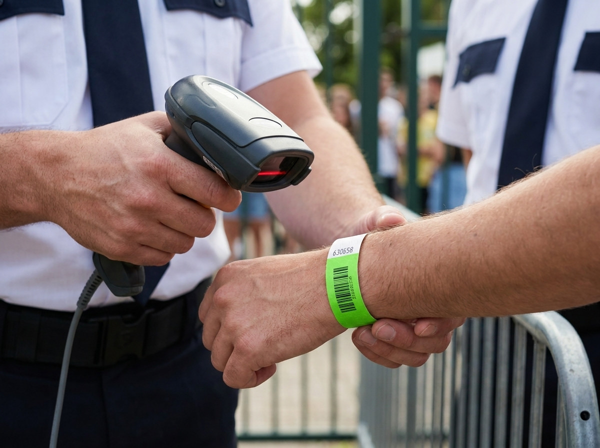 Varnostni agent skenira črtno kodo zapestnice Tyvek pri nadzoru dostopa na festivalu na prostem, z laserskim skenerjem v roki