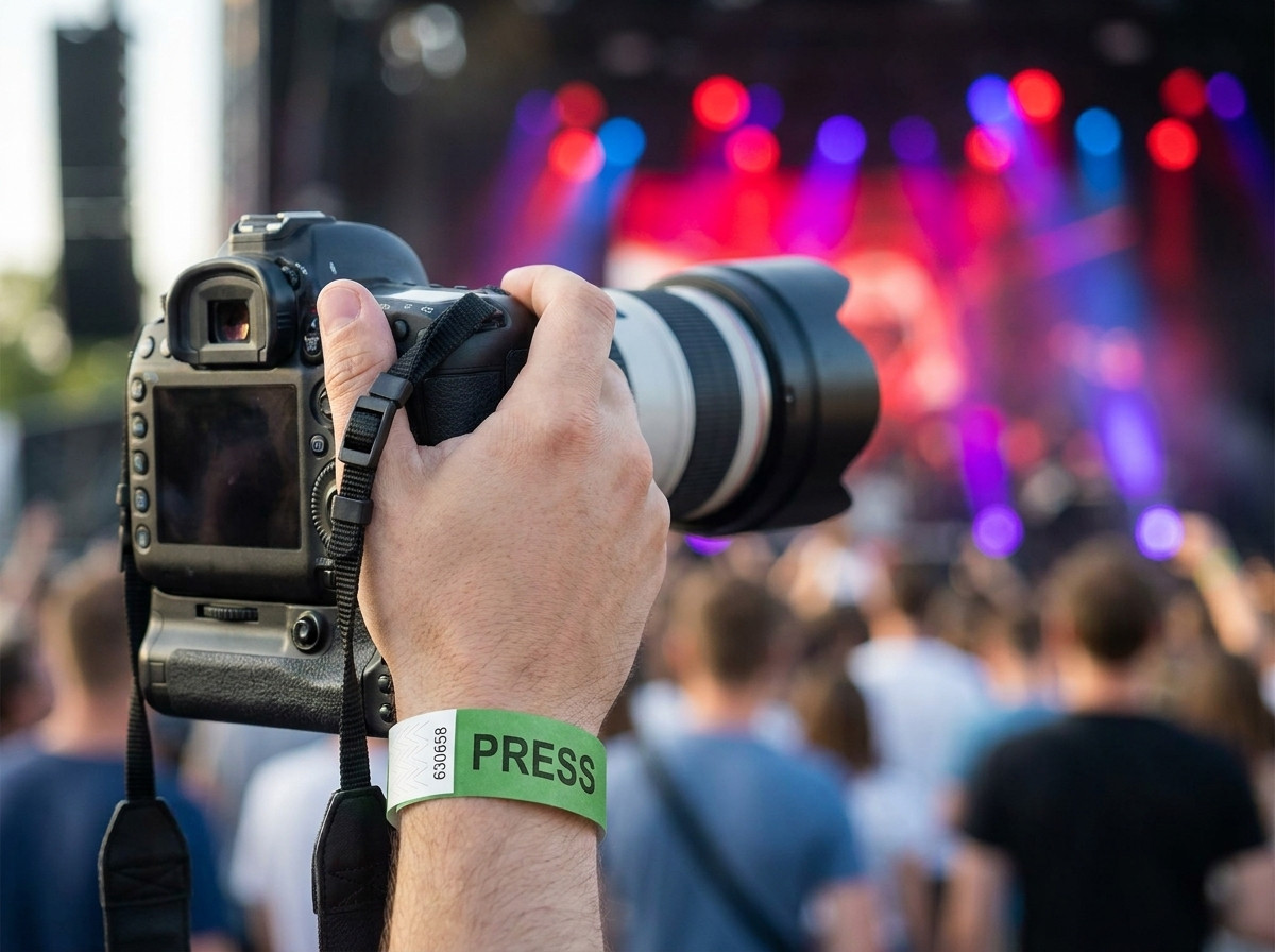 Fotograf v rovu nosi personalizirano tiskovno zapestnico med koncertom