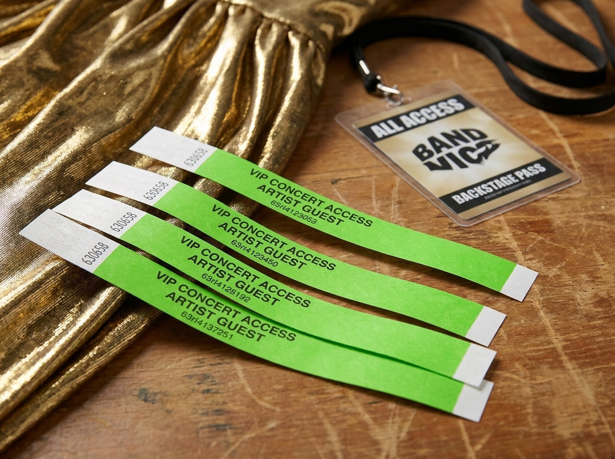 Personalizirane VIP zapestnice za koncert, položene na zakulisno mizo z zlatim laméjem in umetniško izkaznico