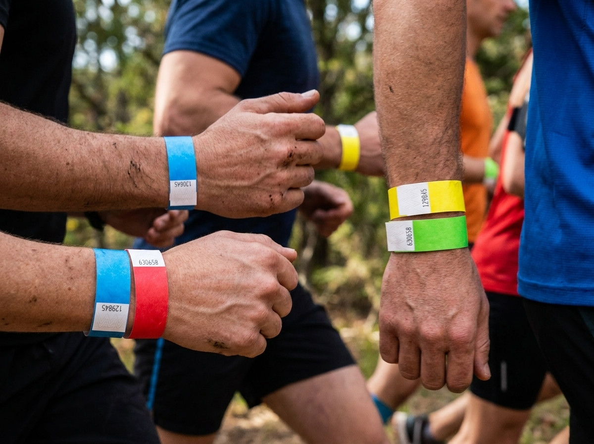 Tekači z barvnimi zapestnicami Tyvek na maratonu, prostovoljci na oskrbovalnem mestu preverjajo kategorijske barve