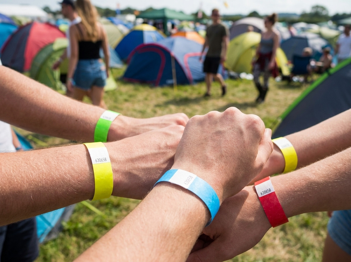 Barvne identifikacijske zapestnice, ki jih nosijo obiskovalci festivala pred festivalskim kampom na prostem s šotori v ozadju