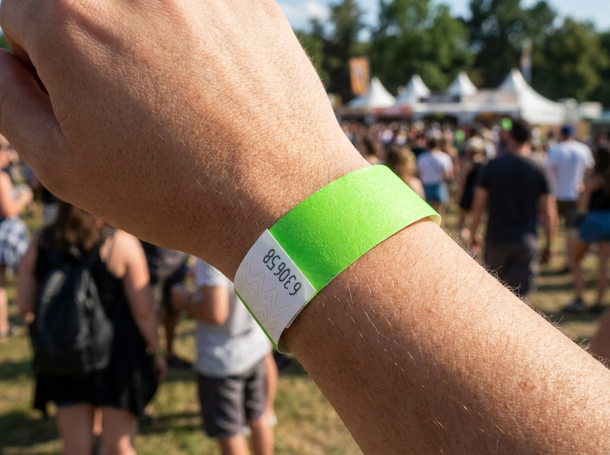 Vinilna PVC zapestnica z visokodefinicijsko natisnjeno fotografijo, nošena na zapestju med festivalom na prostem