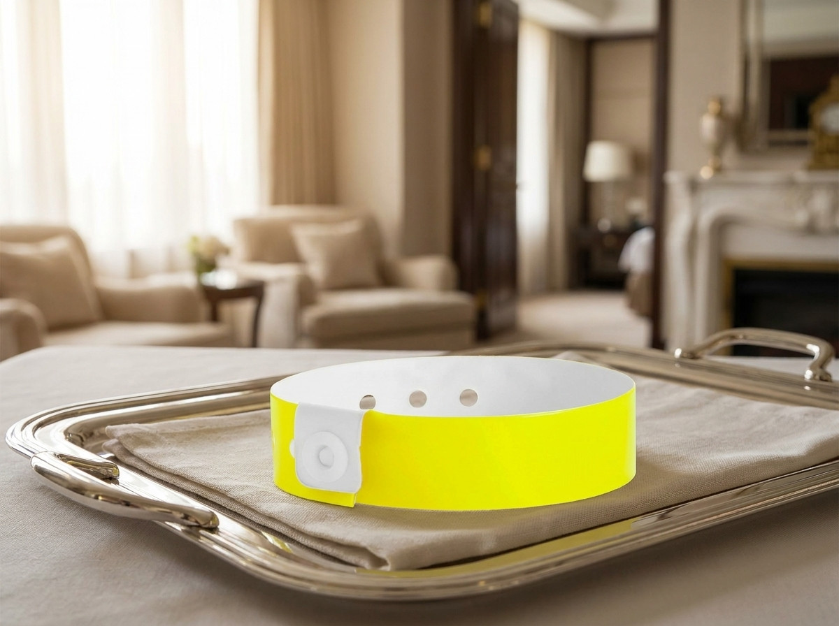 Personalizirana VIP zapestnica za gosta hotelske suite, položena na eleganten servisni pladenj