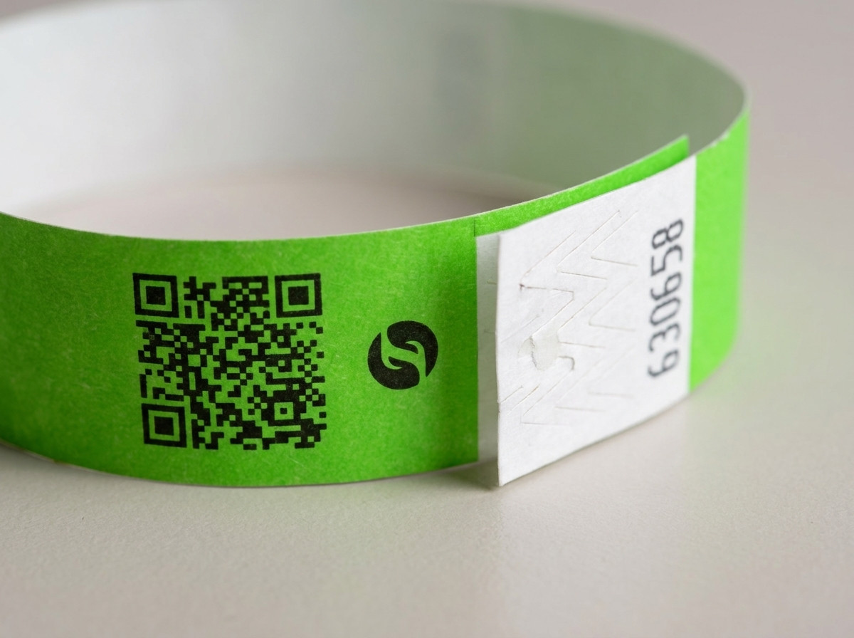 Bližnji pogled na identifikacijsko zapestnico z natisnjeno QR kodo in logotipom v visoki ločljivosti