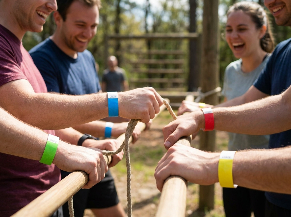 Barvne zapestnice za team building, ki jih nosijo udeleženci med dejavnostjo na prostem, vsaka barva predstavlja drugo ekipo