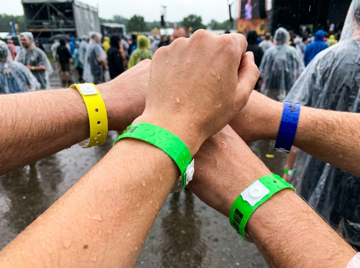 Barvne vinilne PVC zapestnice, nošene na zapestju med večdnevnim festivalom v dežju